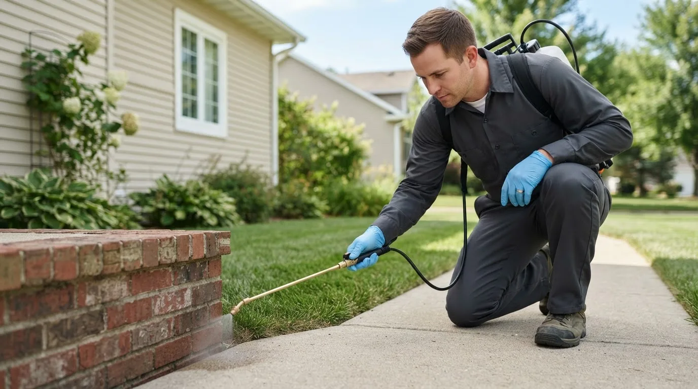 Pest control technician treating a home near Rocheport, MO
